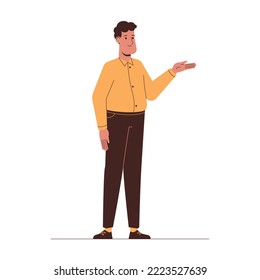Cartoon man showing or presenting something by hand wearing yellow shirt and brown pants. Flat vector isolated illustration.
