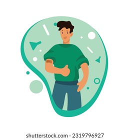 Cartoon man showing thumb up while doing and getting vaccine. Protection from covid 19 pandemic. Flu, influenza or coronavirus vaccination. Boosting immune system health. Vector