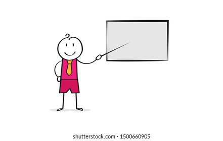 Cartoon man shows a pointer to a poster, a place for a picture, graphics or text.