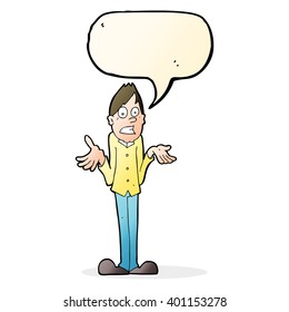 cartoon man shrugging shoulders with speech bubble