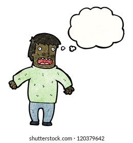 cartoon man shrugging shoulders with thought bubble