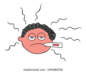 Cartoon man is sick and has a fever, vector illustration. Colored and black outlines.