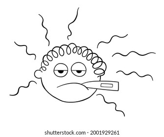 Cartoon man is sick and has a fever, vector illustration. Black outlined and white colored.