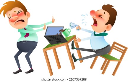 cartoon man is sick, sneezes and coughs on a healthy man in the workplace. colorful vector illustration.