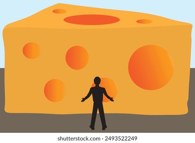 A cartoon man in silhouette has stumbled upon a huge wedge of cheese