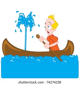 Cartoon Of A Man In A Sinking Canoe. He Is Panicking