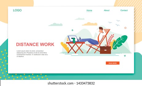 Cartoon Man Sit in Beach Chair with Notebook Distance Work Outdoors Vector Illustration. Freelance Worker Internet Job. Male Freelancer Relax Freedom. Remote Work Computer Technology.