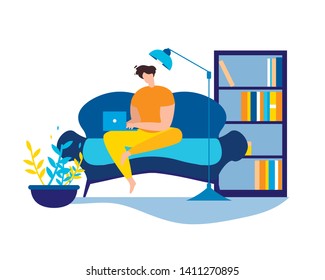 Cartoon Man Sit on Couch with Notebook Type. Freelancer Work Vector Illustration. Living Room Interior, Lamp Sofa and Bookcase. Internet Surfing, Social Media Online Communication, Home Worker