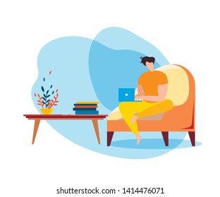 Cartoon Man Sit on Couch with Notebook, Internet Surfing Vector Illustration. Social Media Online Communication, Website Browsing, Work from Home. Male Freelancer Relax Indoors Entertainment