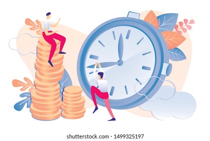 Cartoon Man Sit on Golden Coin Stack. Man Climb Clock Moving Hands Vector Illustration. Time Management Time is Money Concept. Financial Income Investment Earnings Deposit. Work Payment