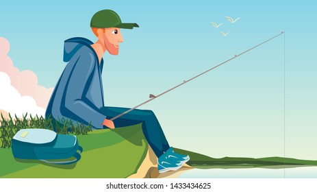Cartoon Man Sit on River Bank Holding Fishing Rod Vector Illustration. Male Fisher with Fishing Equipment. Fisherman Hobby. Summer Weekend Leisure Outdoors. Pond Lake Shore Pier Relax Recreation