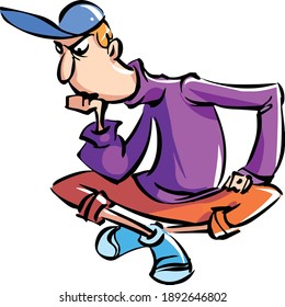 Cartoon a man sits on the floor with his legs crossed and thinks