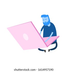 Cartoon man sitting by the giant laptop. Work, office concept. Cartoon design icon. Flat vector illustration. Isolated on white background.