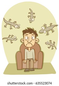 cartoon man sitting at couch with house gecko.