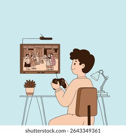 A cartoon man is sitting at a desk playing a video game. There is a plant and a lamp on the desk.

