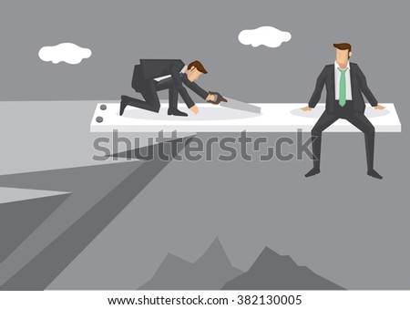 Cartoon man sitting at end of springboard at high mountain cliff watching helplessly at rival sawing the springboard. Creative vector illustration on concept for business in a risky position. 