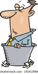 cartoon man sitting in a garbage can