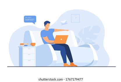 Cartoon man sitting at home with laptop isolated flat vector illustration. Young businessman on sofa with computer. Lifestyle, freelance and chat concept