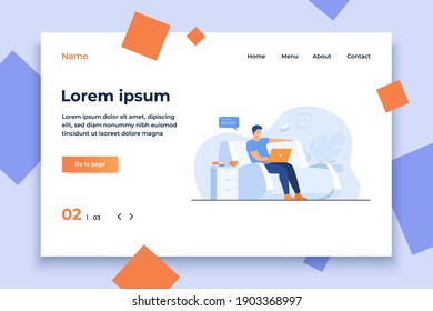 Cartoon man sitting at home with laptop isolated flat vector illustration. Young businessman on sofa with computer. Lifestyle, freelance and chat concept
