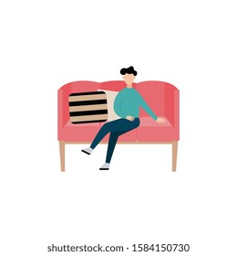 Cartoon man sitting in modern pink sofa - isolated flat vector illustration on white background. Young person enjoying cozy and comfortable living room furniture