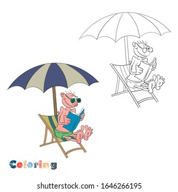 A cartoon man is sitting on a beach chair under an umbrella and reading a book. Vector illustration in the form of coloring and color example.