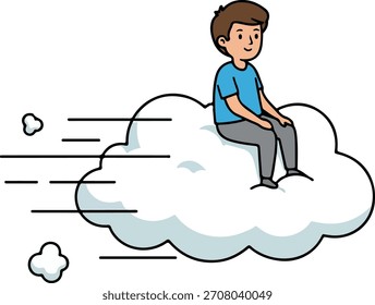 A cartoon man is sitting on a cloud that is moving fast.