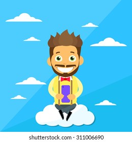 Cartoon Man Sitting on Clouds Use Cell Smart Phone, Internet Communication Connection Concept Flat Vector Illustration