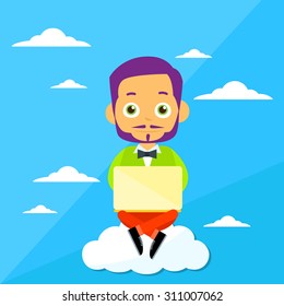 Cartoon Man Sitting on Clouds Use Laptop Computer, Internet Communication Connection Concept Flat Vector Illustration