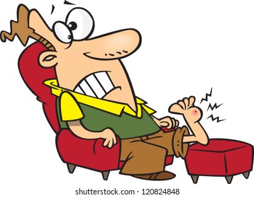 cartoon man sitting on a couch with painful warts on his foot