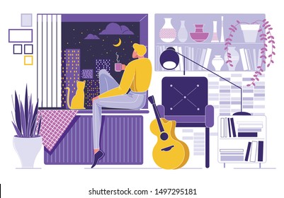 Cartoon Man Sitting on Window Sill with Cat, Looking City Night Sky, Moon Star Vector Illustration. Boy Holding Tea Cup in Hand. Romantic Mood. Room Interior, Guitar Musical Instrument