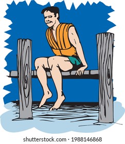 cartoon of a man sitting on a wooden platform