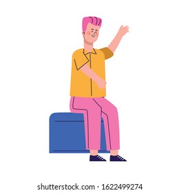 cartoon man sitting and pointing over white background, colorful design, vector illustration