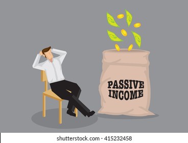 Cartoon man sitting in a relaxed manner enjoying money falling into his bag. Vector illustration on passive income concept.