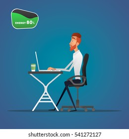 Cartoon, man sitting at the table and working on a laptop.