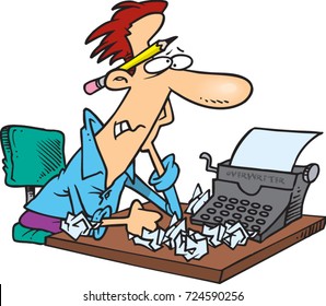 cartoon man sitting at a typewriter frustrated