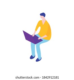 cartoon man sitting using a laptop computer over white background, flat style, vector illustration