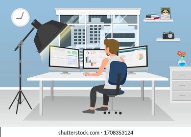 cartoon of a man is sitting to work from home in front of computer