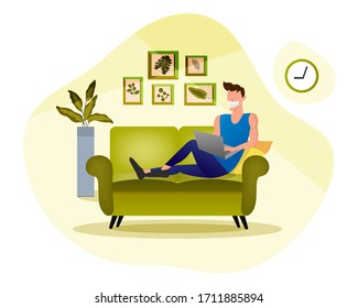 cartoon of a man is sitting to work from home in the living room