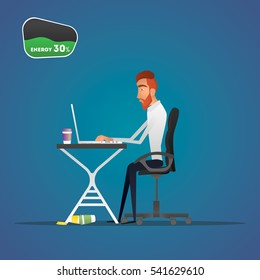 Cartoon, man sitting at the workplace tired.