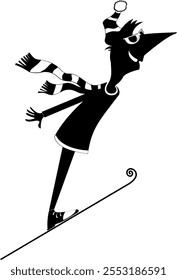 Cartoon man a ski jumper. 
Winter sport. Funny man ski jumping. Black and white illustration
