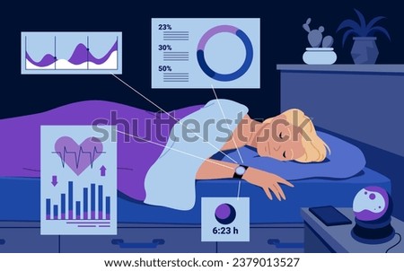 Cartoon man sleeping in bed, smart watch on persons hand monitoring quality and depth of sleep, heartbeats with graph and chart. Tracking biorhythms with mobile app health tracker