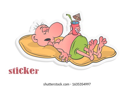 Cartoon man sleeping on an air mattress and holding a beach cocktail in his hand. Vector illustration in the form of a sticker.