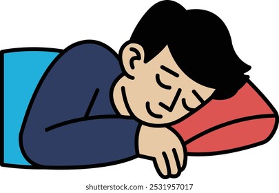 A cartoon man is sleeping on a pillow. The pillow is red and blue. The man is smiling and he is in a relaxed state