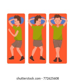 Cartoon Man Sleeping Positions Flat Design. Vector illustration