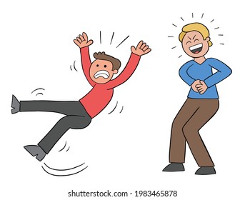 Cartoon man slips and falls and his bad friend laughs, vector illustration. Black outlined and colored.