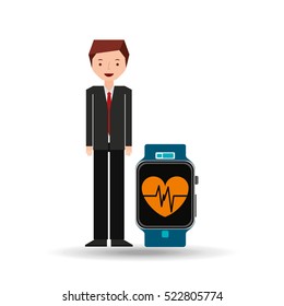 cartoon man smart watch and pulse monitoring vector ilustration eps 10