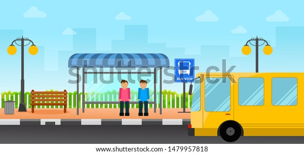 Cartoon man with smartphone waiting the bus.\
vector background