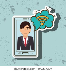 cartoon man smartphone wifi cloud