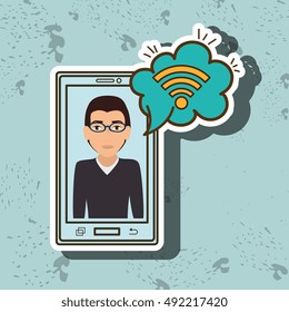 cartoon man smartphone wifi cloud