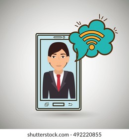 cartoon man smartphone wifi cloud